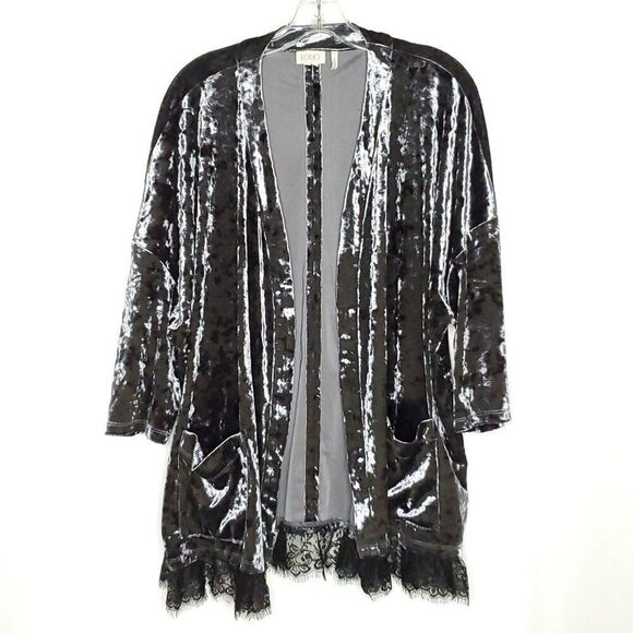 LOGO Lori Goldstein Open Cardigan L Velour Kimono Lagenlook Fairy Gray Black - Picture 1 of 6